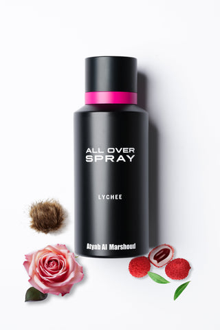 Black spray bottle labeled 'All Over Spray Lychee' with floral elements on a white background by Atyab Al Marshoud.