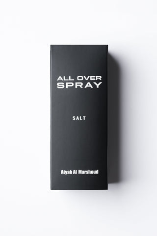 Black book titled 'All Over Spray Salt' by Atyah Al Marshoud on a white background y Atyab Al Marshoud.