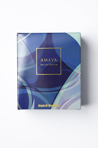 Amaya Eau de Parfum packaging on a white background by Atyab Al Marshoud.