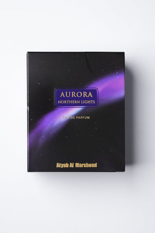 Aurora Northern Lights perfume packaging on a white background by Atyab Al Marshoud.