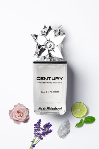 Atyab Al Marshoud Century Eau de Parfum bottle with decorative elements on a white background