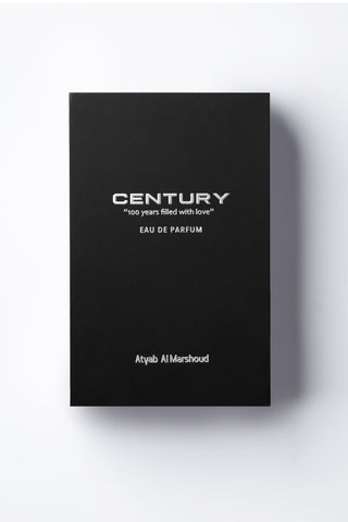 Black perfume box with 'Century' branding on a white background