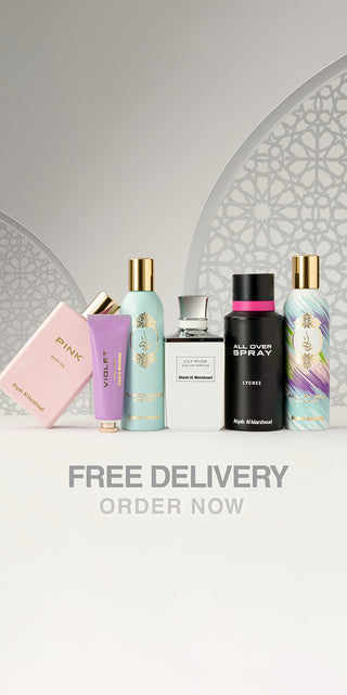 Collection of perfume bottles on a light gray background with free delivery text.