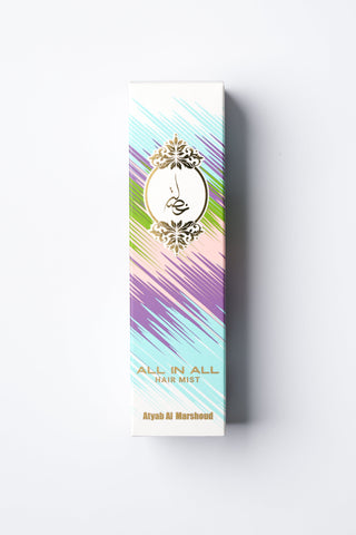 Packaging of 'All in All Hair Mist' with a colorful design on a white background by Atyab Al Marshoud.