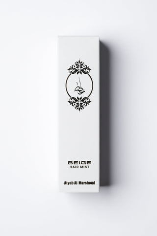 Beige box of Beige Hair Mist with black text and logo on a white background by Atyab Al Marshoud.