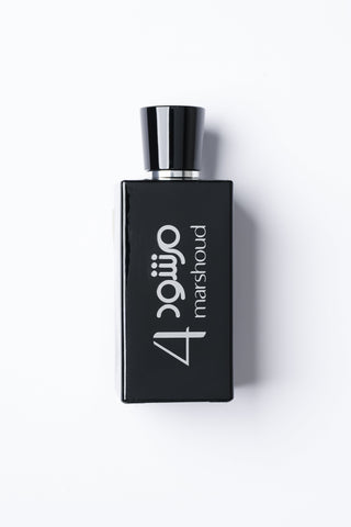 Black perfume bottle with 'Marshoud4' branding on a white background by Atyab Al Marshoud.