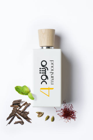 Marshaud 4 White perfume bottle with botanical elements on a white background featurting its ingredients by Atyab Al Marshoud.