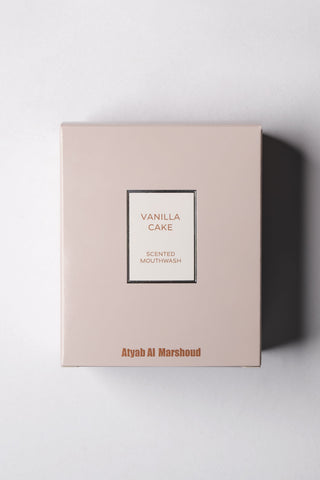 Vanilla Cake scented mouthwash packaging on a white background by Atyab Al Marshoud.