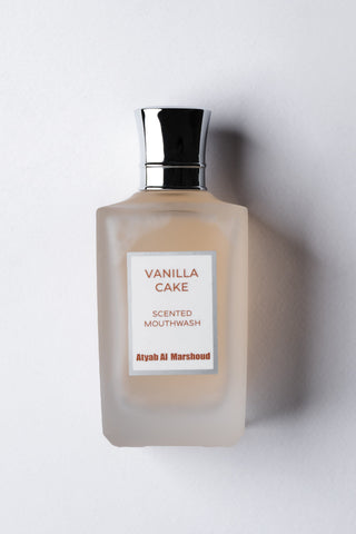 Vanilla Cake scented mouthwash bottle on a white background by Atyab Al Marshoud.